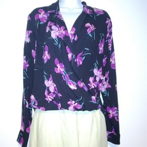 Free Press Floral Plunge Neckline Long Sleeve Top
